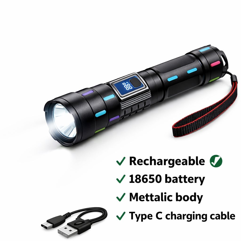 Powerful 626 rechargeable tactical flashlight featuring Type-C charging, long-range beam, waterproof construction, and a high-capacity 18650 battery.