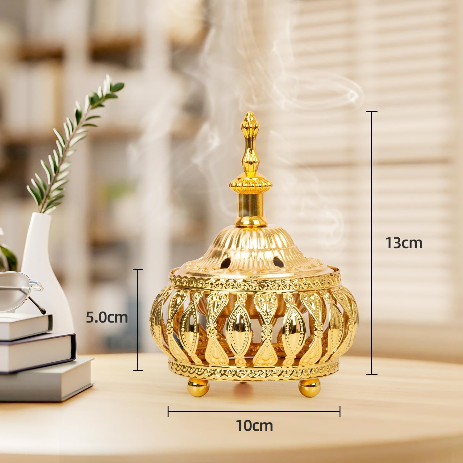 Golden Incense Holder, Frankincense Charcoal Incense Resin Stand, Bakhoor Incense Burner, Ideal for Aromatherapy Yoga Spa, Home Christian Church Censer