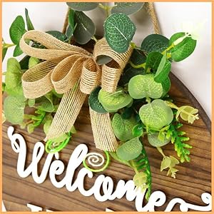 Seasonal Wooden Welcome Sign for Front Door with Eucalyptus & Striped Bow Wreath, Farmhouse Wall Hanging Decor