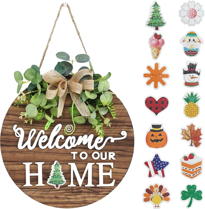 Seasonal Wooden Welcome Sign for Front Door with Eucalyptus & Striped Bow Wreath, Farmhouse Wall Hanging Decor