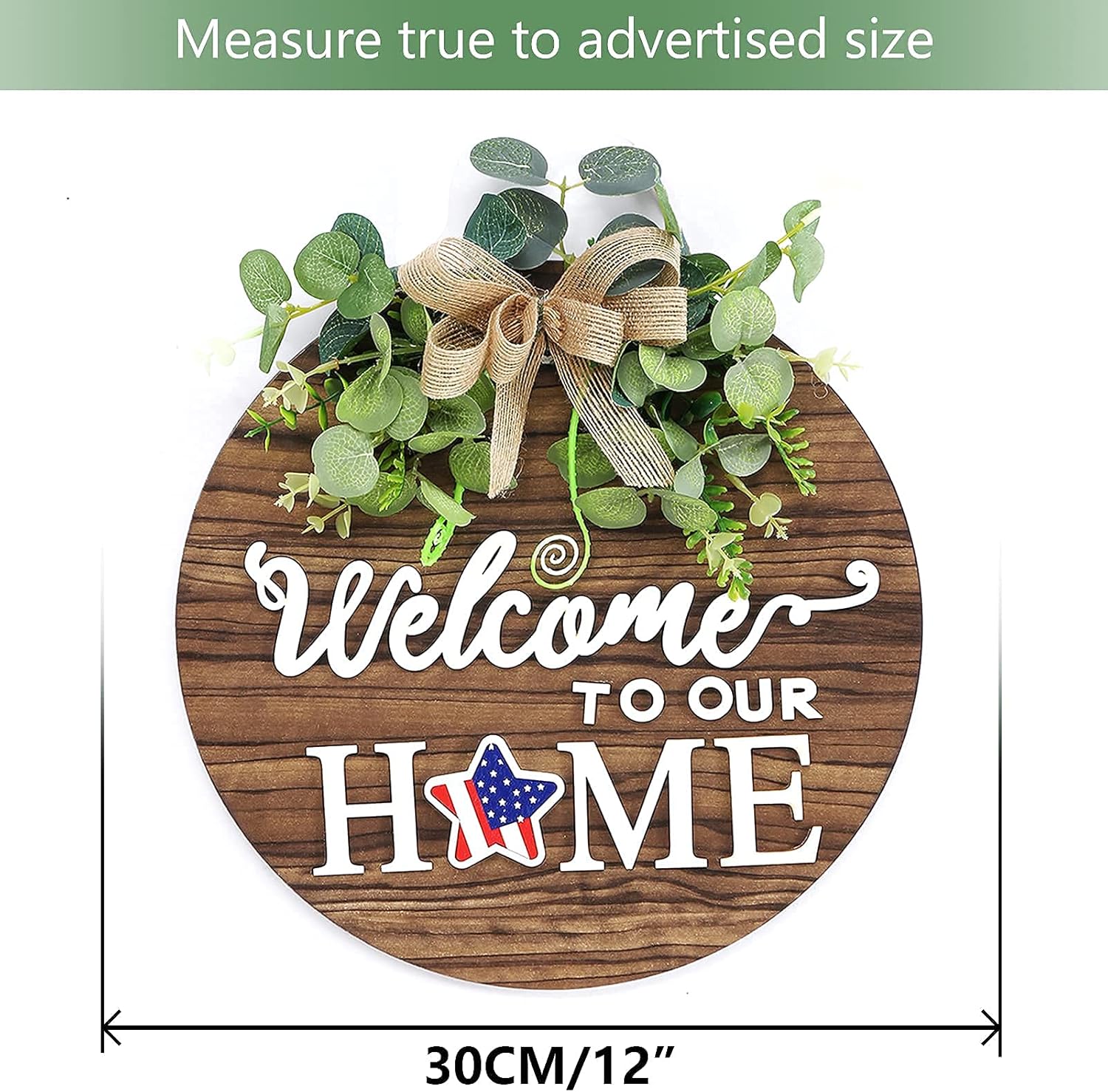Seasonal Wooden Welcome Sign for Front Door with Eucalyptus & Striped Bow Wreath, Farmhouse Wall Hanging Decor