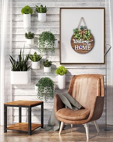 Seasonal Wooden Welcome Sign for Front Door with Eucalyptus & Striped Bow Wreath, Farmhouse Wall Hanging Decor