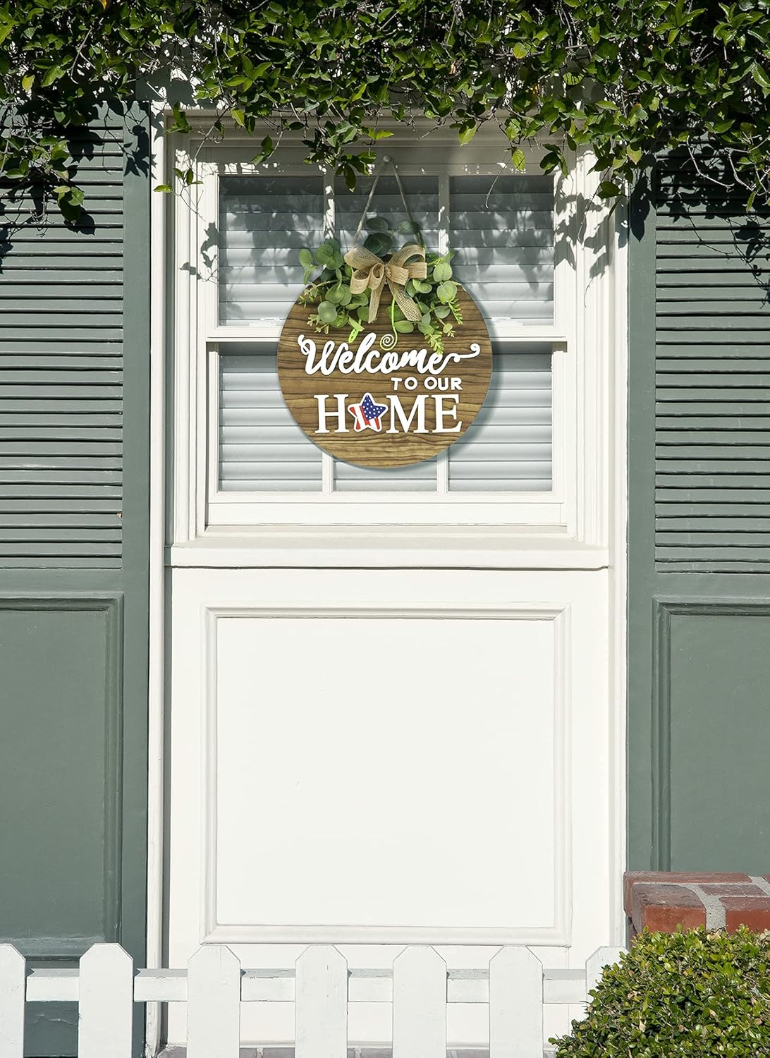 Seasonal Wooden Welcome Sign for Front Door with Eucalyptus & Striped Bow Wreath, Farmhouse Wall Hanging Decor