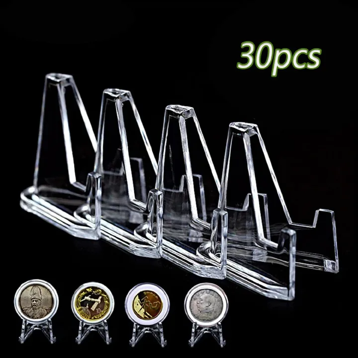 30 Pack Mini Clear Acrylic Easel Stands Card Stands for Display Coin Display Easel, Clear Multifunctional Display Holder