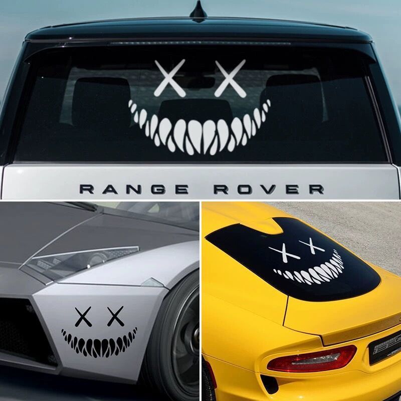 2pcs Reflective Smile Demon Car Sticker,Funny Cool Die Cut Waterproof Car Window Decal 18x11.5cm