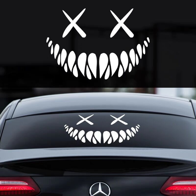 2pcs Reflective Smile Demon Car Sticker,Funny Cool Die Cut Waterproof Car Window Decal 18x11.5cm