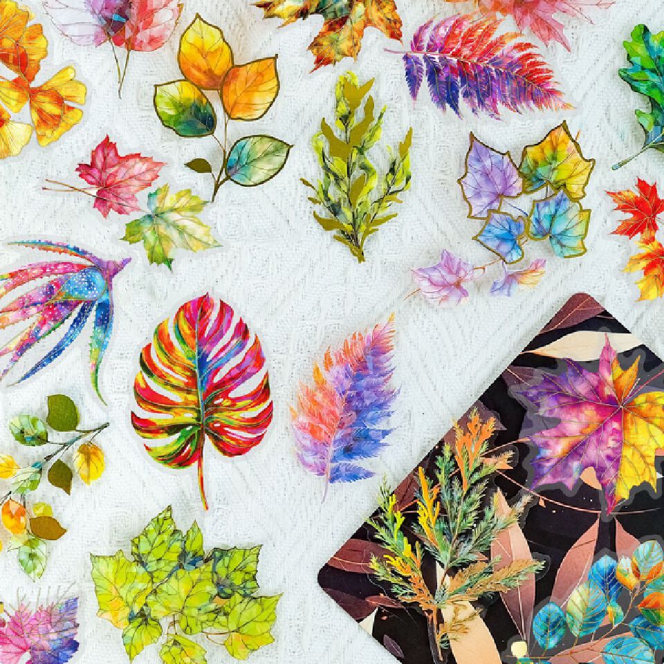 30 pcs of three-dimensional hot stamping PET laser stickers with leaf and plant patterns in Ins style, waterproof stickers for scrapbooking materials and decoration.