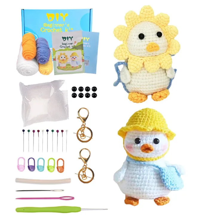 2 set Beginner kit crochet by hand. Crochet plush duck DIY wool material package.