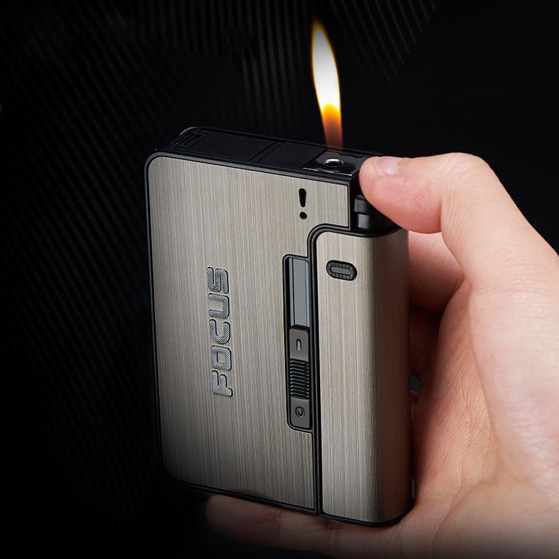 FOCUS Automatic cigarette case Metal Cigarette Boxes 10pcs Cigarette Holder Case Lighter Gadget For Men Christmas Gift