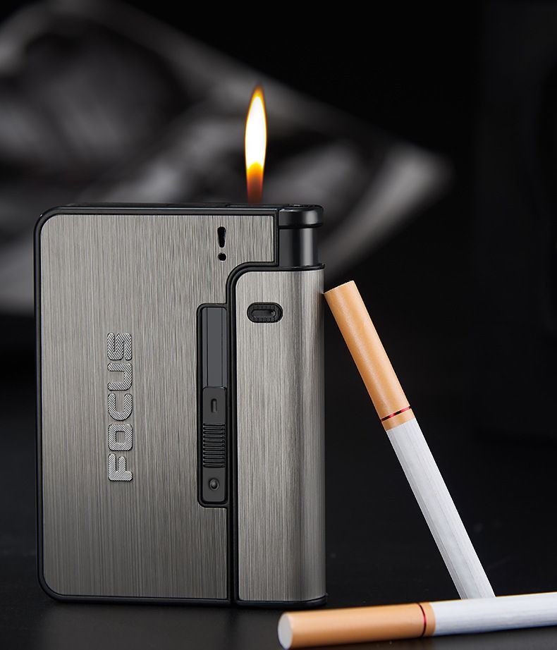 FOCUS Automatic cigarette case Metal Cigarette Boxes 10pcs Cigarette Holder Case Lighter Gadget For Men Christmas Gift