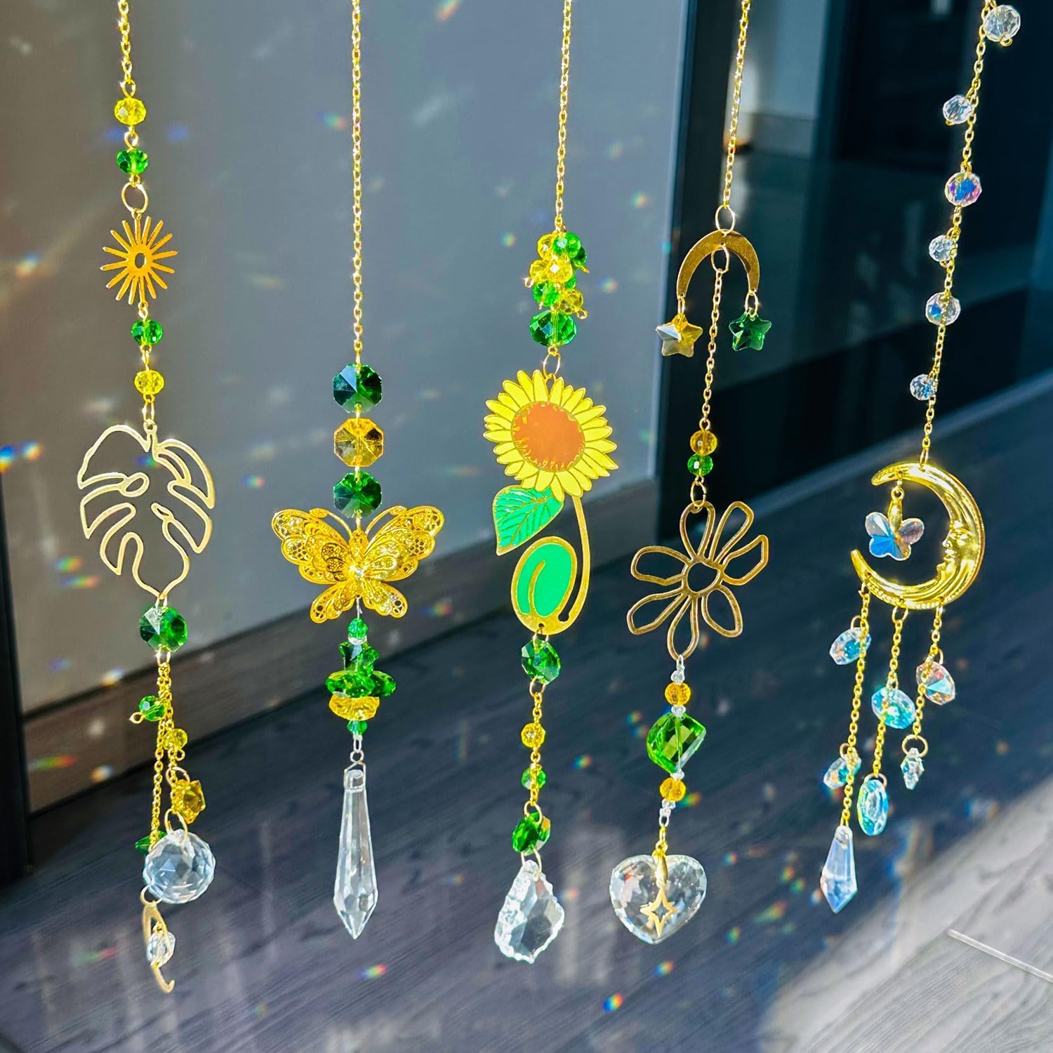 Crystal Suncatcher Prism Hanging Kit with Leaves Flowers Moon, Sun Catchers Rainbow Maker with White Yellow Green Crystal Balls Pendants Ornaments for Indoor Window Outdoor Garden Patio Deco