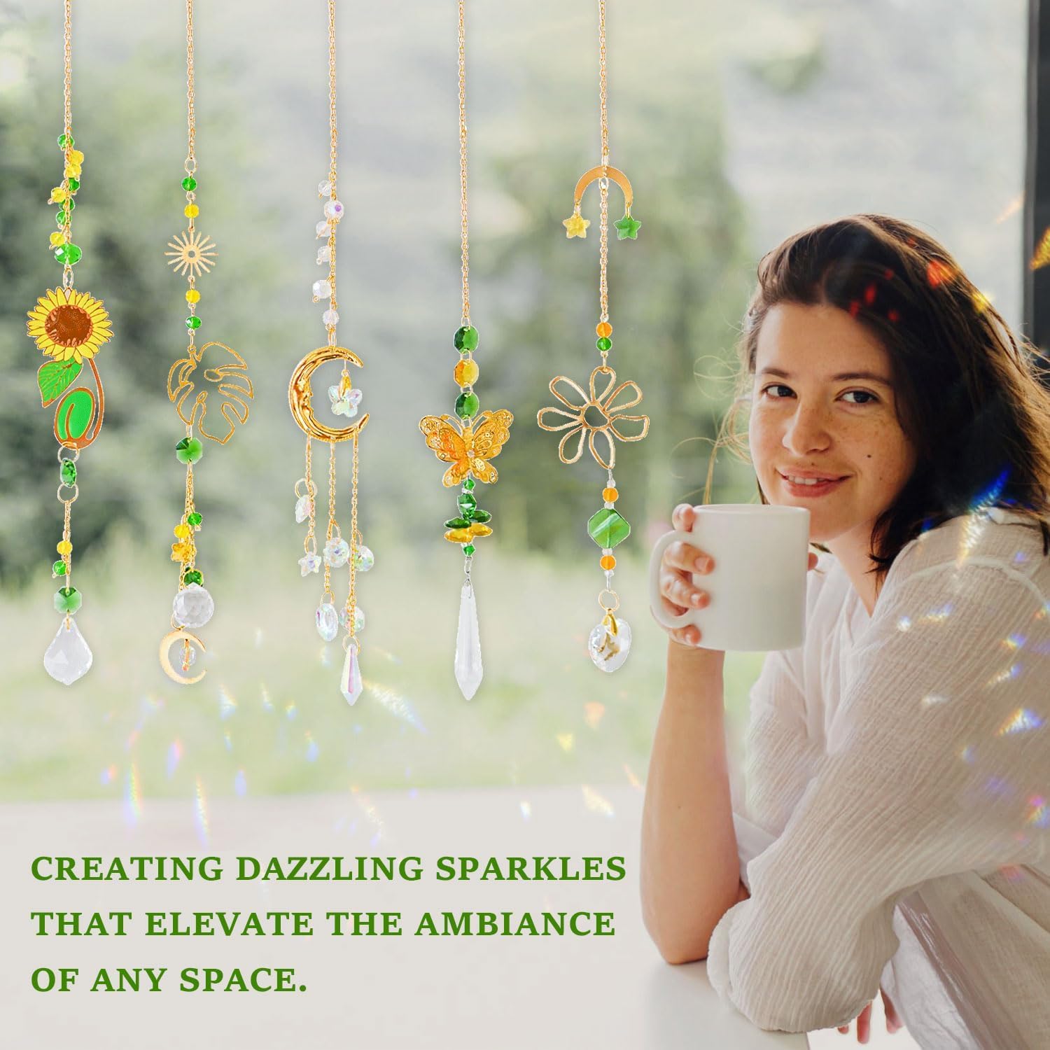 Crystal Suncatcher Prism Hanging Kit with Leaves Flowers Moon, Sun Catchers Rainbow Maker with White Yellow Green Crystal Balls Pendants Ornaments for Indoor Window Outdoor Garden Patio Deco