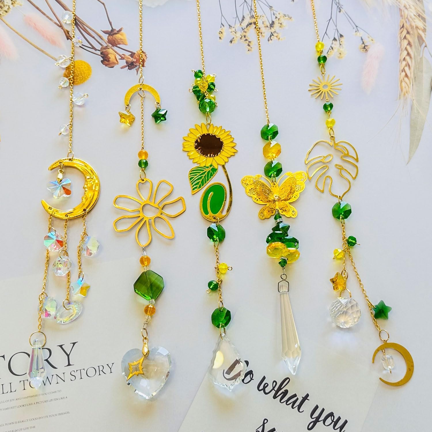 Crystal Suncatcher Prism Hanging Kit with Leaves Flowers Moon, Sun Catchers Rainbow Maker with White Yellow Green Crystal Balls Pendants Ornaments for Indoor Window Outdoor Garden Patio Deco