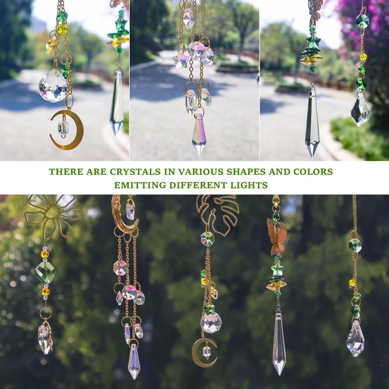 Crystal Suncatcher Prism Hanging Kit with Leaves Flowers Moon, Sun Catchers Rainbow Maker with White Yellow Green Crystal Balls Pendants Ornaments for Indoor Window Outdoor Garden Patio Deco