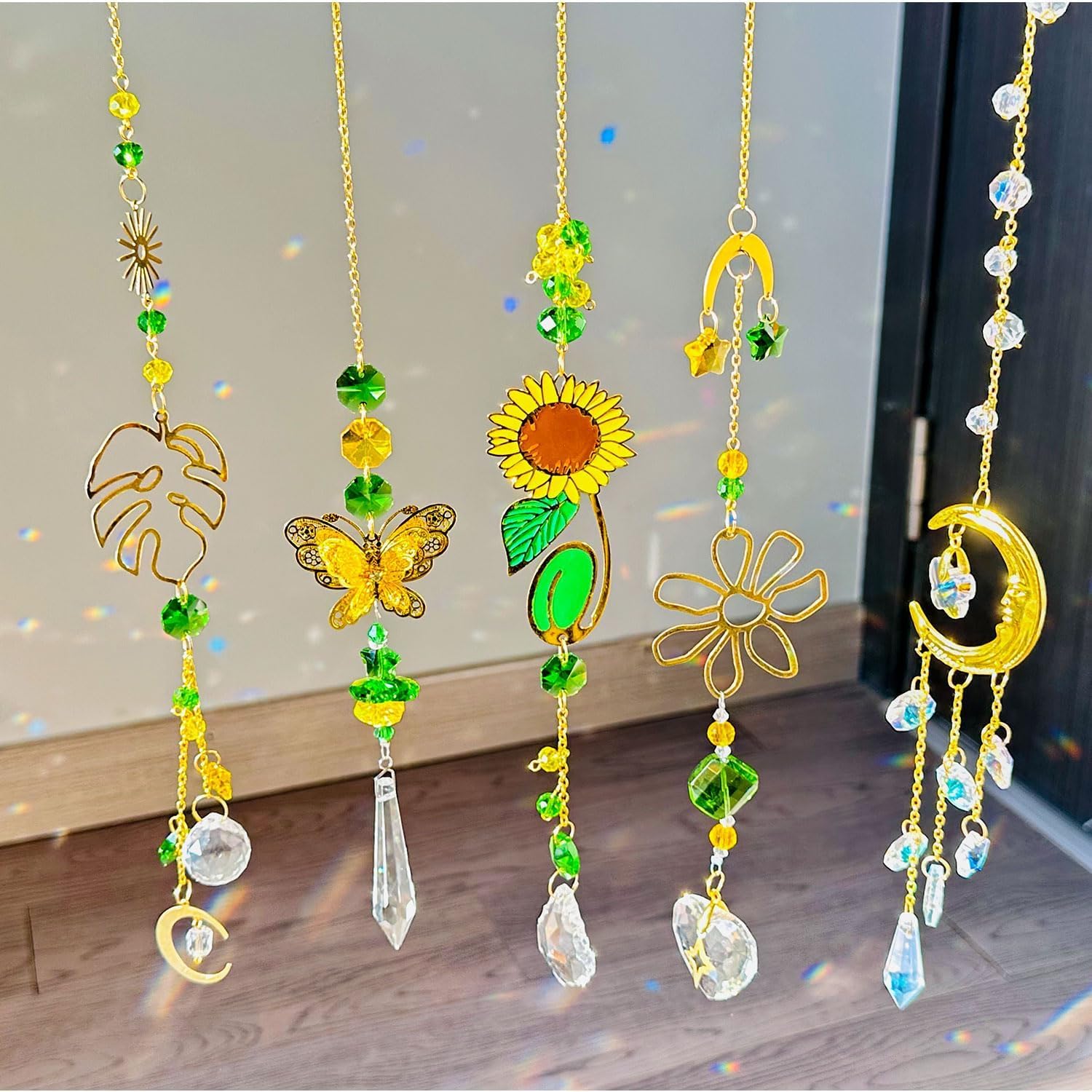 Crystal Suncatcher Prism Hanging Kit with Leaves Flowers Moon, Sun Catchers Rainbow Maker with White Yellow Green Crystal Balls Pendants Ornaments for Indoor Window Outdoor Garden Patio Deco