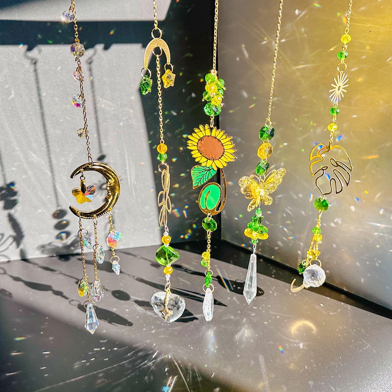 Crystal Suncatcher Prism Hanging Kit with Leaves Flowers Moon, Sun Catchers Rainbow Maker with White Yellow Green Crystal Balls Pendants Ornaments for Indoor Window Outdoor Garden Patio Deco