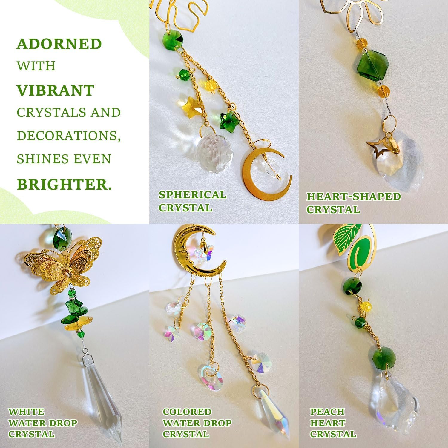 Crystal Suncatcher Prism Hanging Kit with Leaves Flowers Moon, Sun Catchers Rainbow Maker with White Yellow Green Crystal Balls Pendants Ornaments for Indoor Window Outdoor Garden Patio Deco