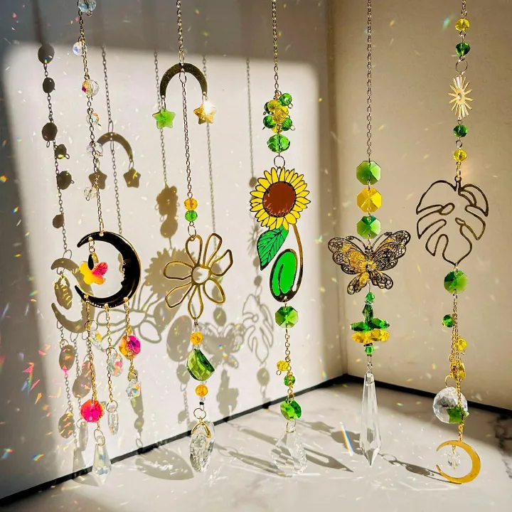 Crystal Suncatcher Prism Hanging Kit with Leaves Flowers Moon, Sun Catchers Rainbow Maker with White Yellow Green Crystal Balls Pendants Ornaments for Indoor Window Outdoor Garden Patio Deco