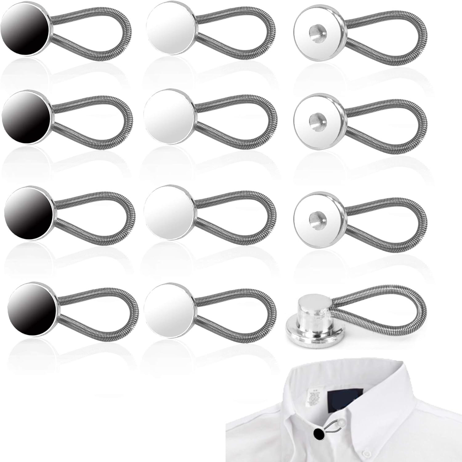 12 Pcs Collar Extenders - 3 Styles Neck Extender Elastic Button for Expanding Length for Men Women Dress Shirts (Black, White, Silver)