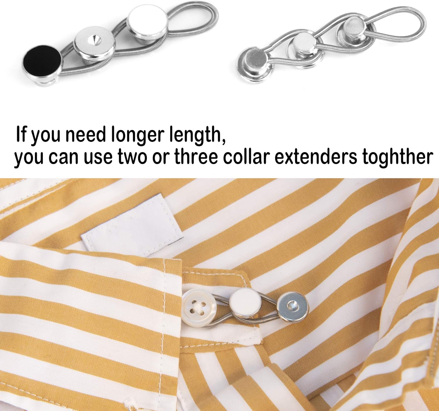 12 Pcs Collar Extenders - 3 Styles Neck Extender Elastic Button for Expanding Length for Men Women Dress Shirts (Black, White, Silver)