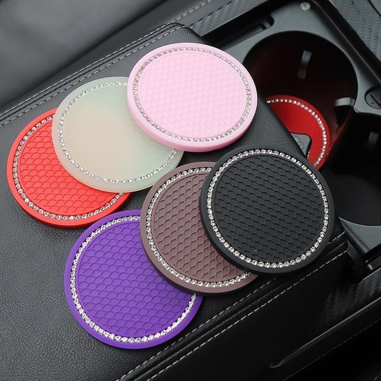 2pcs Car water cup mat, diamond-encrusted silicone anti-skid coaster
