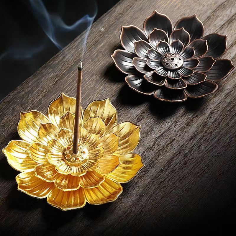 4pcs Incense Burner Kit, Brass Lotus Stick Incense Holder 6 Incense Holes  Ash Catcher for Yoga, Meditation, Gold，Incense Holders