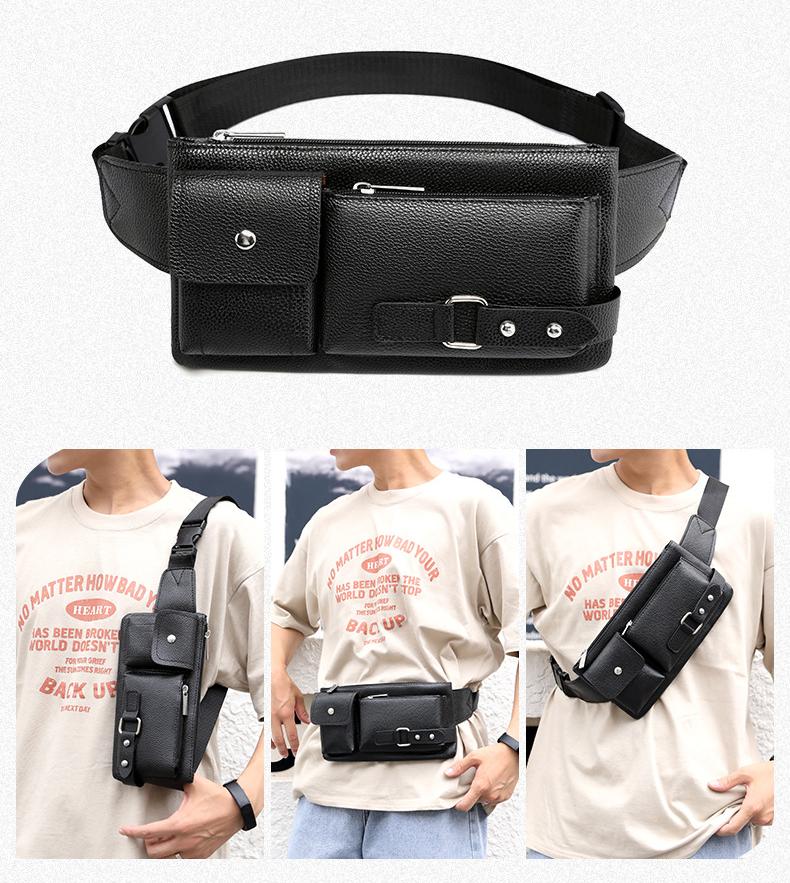 Classic men's crossbody bag, business casual waterproof waist bag, multi-layer shoulder bag, PU leather chest bag