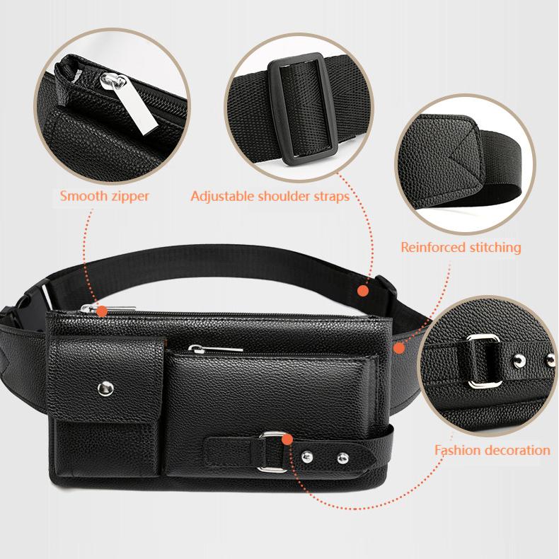Classic men's crossbody bag, business casual waterproof waist bag, multi-layer shoulder bag, PU leather chest bag