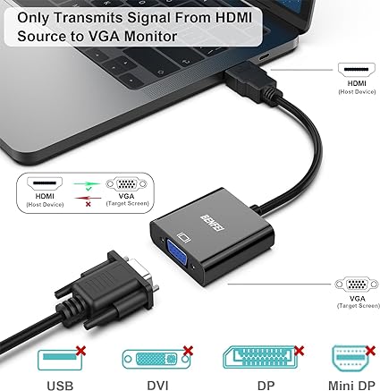 HDMI to VGA Adapter (Male to Female) Compatible for Computer, Desktop, Laptop, PC, Monitor, Projector, HDTV, Chromebook, Raspberry Pi, Roku, Xbox and More - Black
