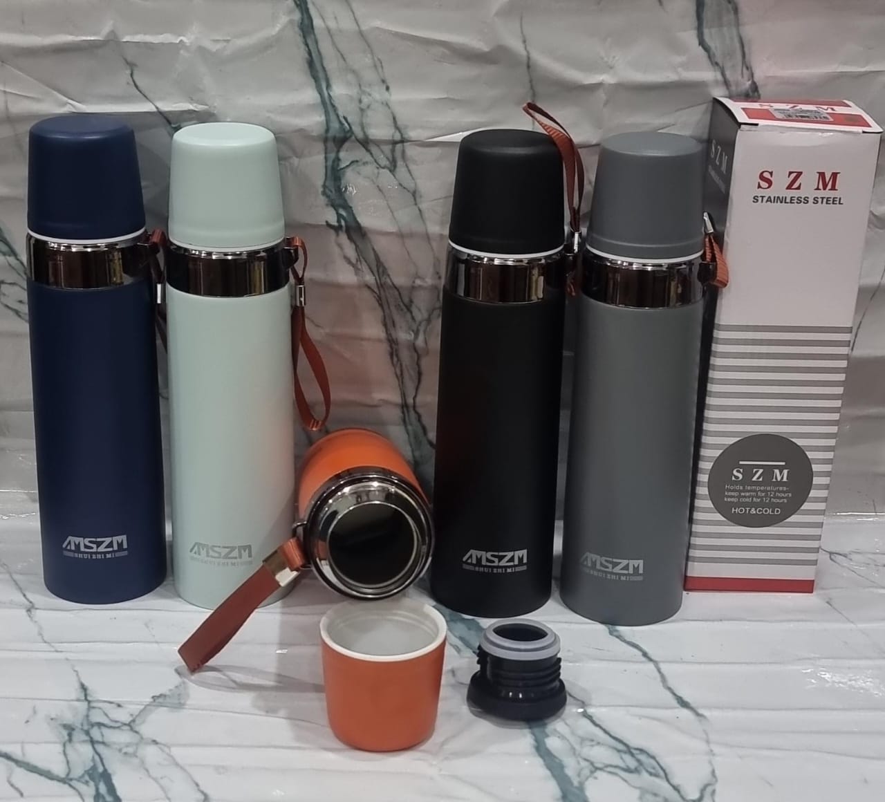 STAINLESS DOUBLE WALL 750ML MSZM THERMOCUP VACUUM INSULATED STAINLESS STEEL BOTTLE FLASK WATER BOTTLE WITH STRAP, BPA FREE LEAK PROOF THERMOS, MUGS, FLASKS, REUSABLE WATER BOTTLE FOR SPORTS & TRAVEL.