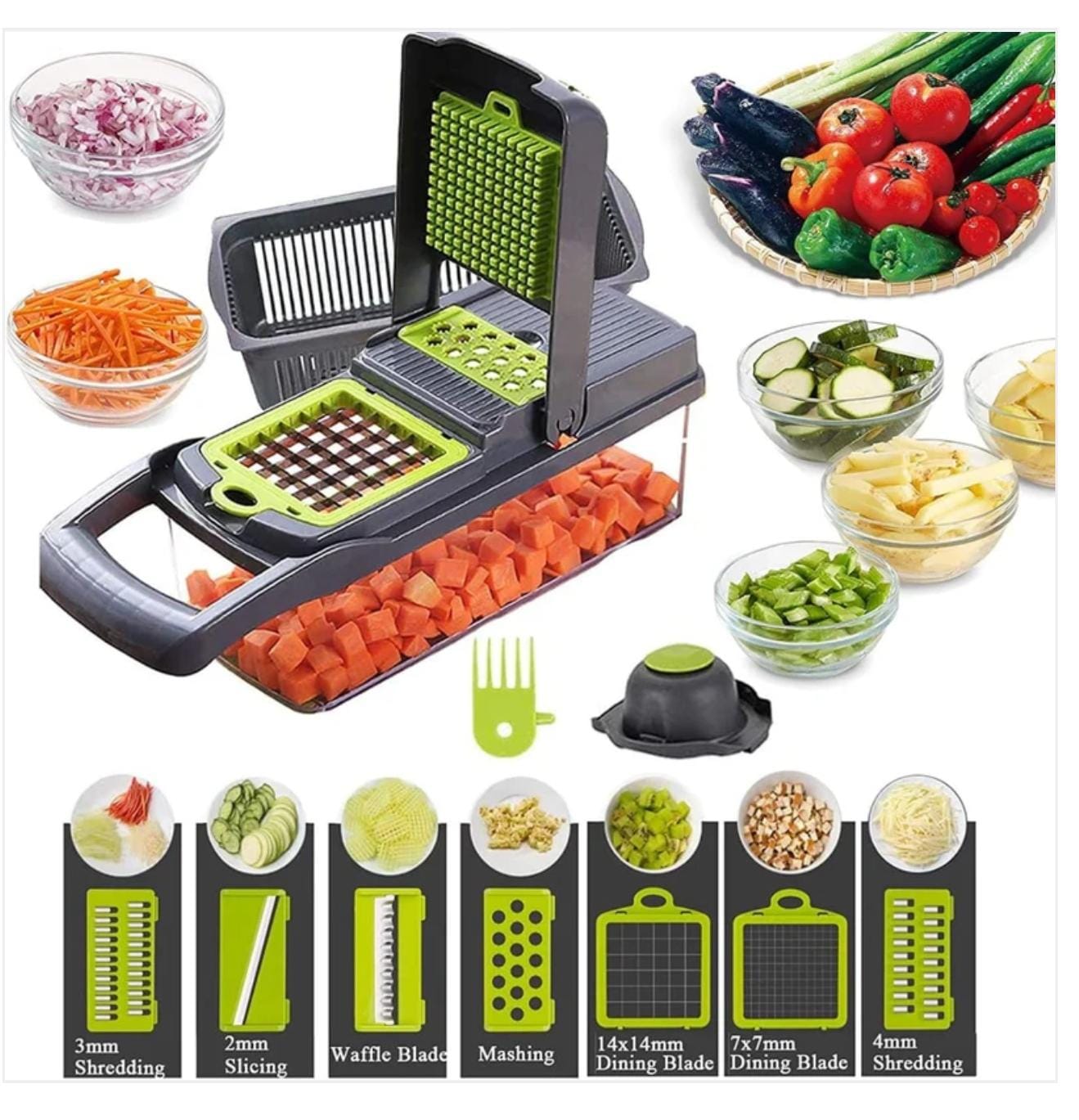 12 IN 1 NICER AND DICER VEGETABLES CUTTER FOOD CHOPPER, MULTIFUNCTIONAL VEGETABLE CHOPPER, VEGGIE CHOPPER WITH 8 BLADES, KITCHEN VEGETABLE SLICER DICER CUTTER, VEGGIE CHOPPER WITH CONTAINER, VEGETABLE