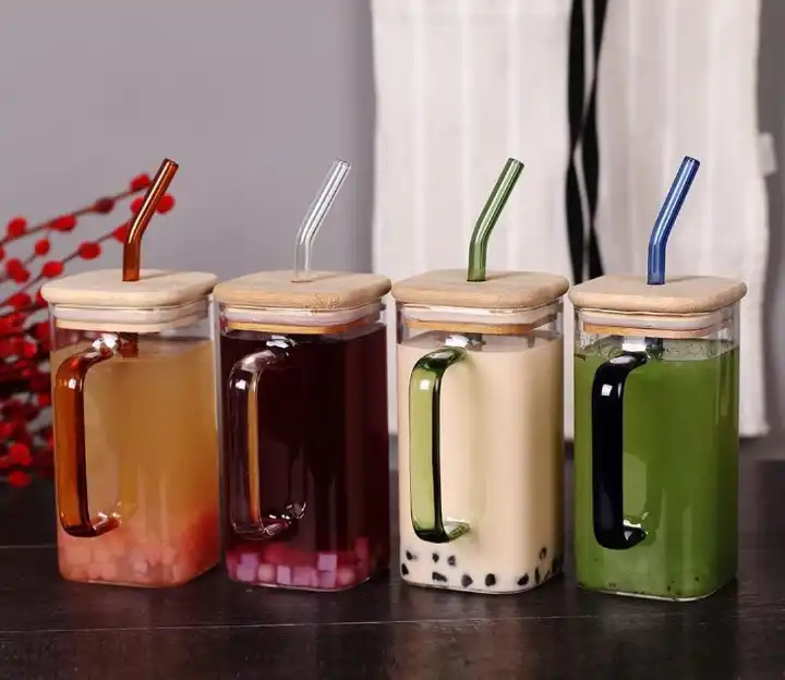 400ML GOOD MORNING SQUARE SMOOTHIE GLASS CUP WITH MATCHING STRAWS  ICED COFFEE MUG, TRAVEL DRINKING GLASSES TUMBLER WITH HANDLE FOR ICED COFFEE, SMOOTHIE