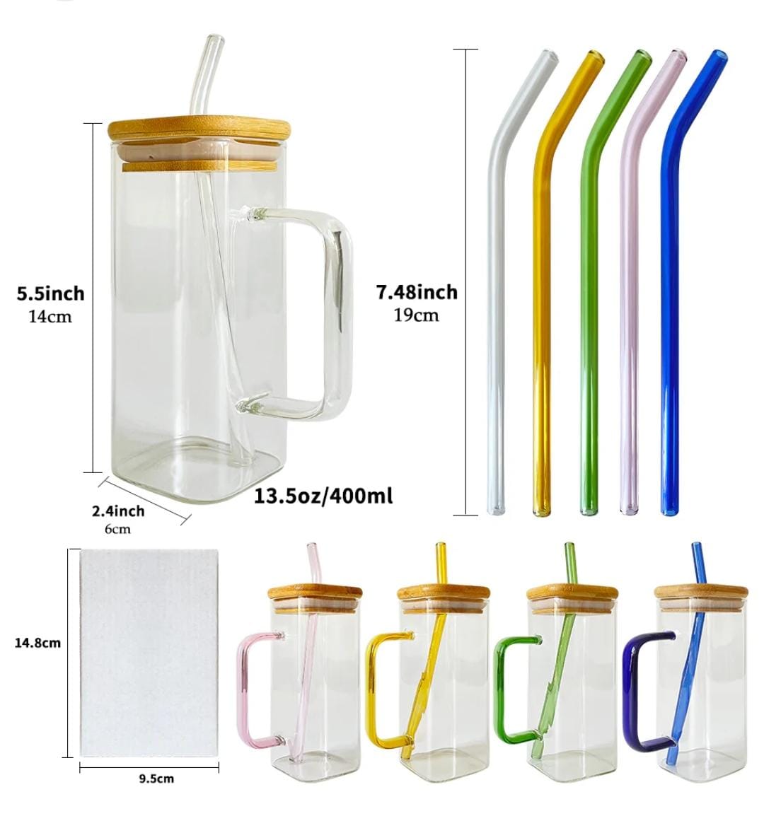 400ML GOOD MORNING SQUARE SMOOTHIE GLASS CUP WITH MATCHING STRAWS  ICED COFFEE MUG, TRAVEL DRINKING GLASSES TUMBLER WITH HANDLE FOR ICED COFFEE, SMOOTHIE