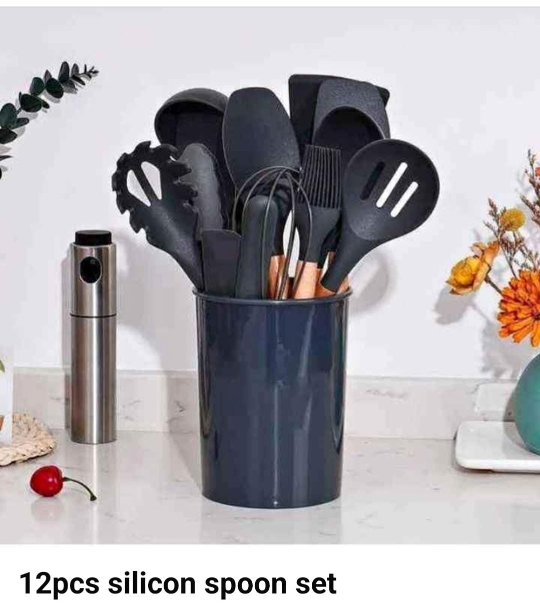 12PCS NONSTICK  HEAT RESTITANT SILICONE SPOON SET KITCHEN UTENSILS SET,KITCHEN COOKING UTENSILS SET,SPOON,SPATULA,446℉ HEAT RESISTANT 12-PCS NON-STICK FOOD GRADE SILICONE AND WOODEN HANDLES,KITCHEN TO
