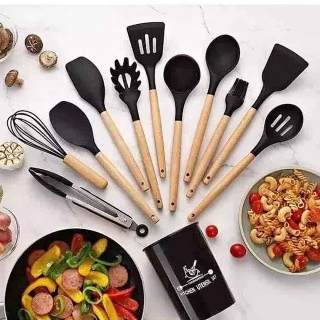12PCS NONSTICK  HEAT RESTITANT SILICONE SPOON SET KITCHEN UTENSILS SET,KITCHEN COOKING UTENSILS SET,SPOON,SPATULA,446℉ HEAT RESISTANT 12-PCS NON-STICK FOOD GRADE SILICONE AND WOODEN HANDLES,KITCHEN TO