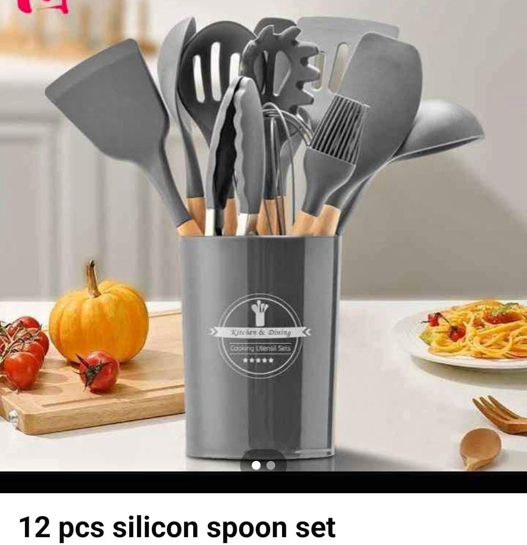 12PCS NONSTICK  HEAT RESTITANT SILICONE SPOON SET KITCHEN UTENSILS SET,KITCHEN COOKING UTENSILS SET,SPOON,SPATULA,446℉ HEAT RESISTANT 12-PCS NON-STICK FOOD GRADE SILICONE AND WOODEN HANDLES,KITCHEN TO