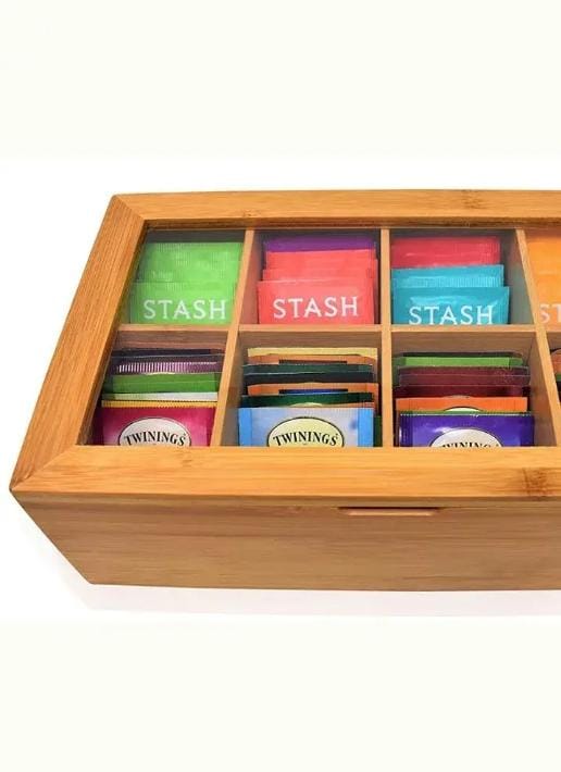 6 SLOTS BAMBOO WOODEN TEABAG ORGANISER BIG NATURAL BAMBOO TEA STORAGE ORGANIZER WITH CLEAR ACRYLIC TOP WINDOW, 6 COMPARTMENTS ECO-FRIENDLY TEA BAG HOLDER, MULTI-FUNCTIONAL STORAGE BOX