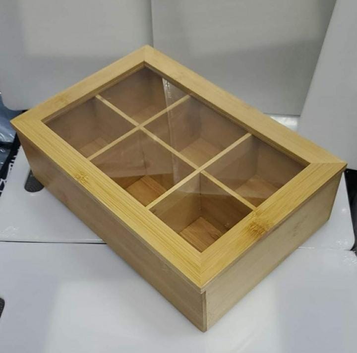 6 SLOTS BAMBOO WOODEN TEABAG ORGANISER BIG NATURAL BAMBOO TEA STORAGE ORGANIZER WITH CLEAR ACRYLIC TOP WINDOW, 6 COMPARTMENTS ECO-FRIENDLY TEA BAG HOLDER, MULTI-FUNCTIONAL STORAGE BOX