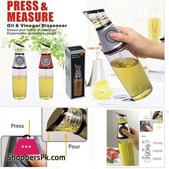 500ML PRESS N MEASURE OIL DISPENSER OIL DISPENSER BOTTLE FOR KITCHEN,  OLIVE OIL DISPENSER, COOKING OIL AND VINEGAR DISPENSER BOTTLE OIL SPRAYER BOTTLE CLEAR GLASS REFILLABLE WITH MEASURING SCALE PUMP