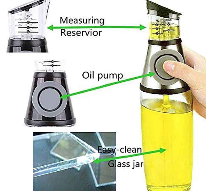 500ML PRESS N MEASURE OIL DISPENSER OIL DISPENSER BOTTLE FOR KITCHEN,  OLIVE OIL DISPENSER, COOKING OIL AND VINEGAR DISPENSER BOTTLE OIL SPRAYER BOTTLE CLEAR GLASS REFILLABLE WITH MEASURING SCALE PUMP