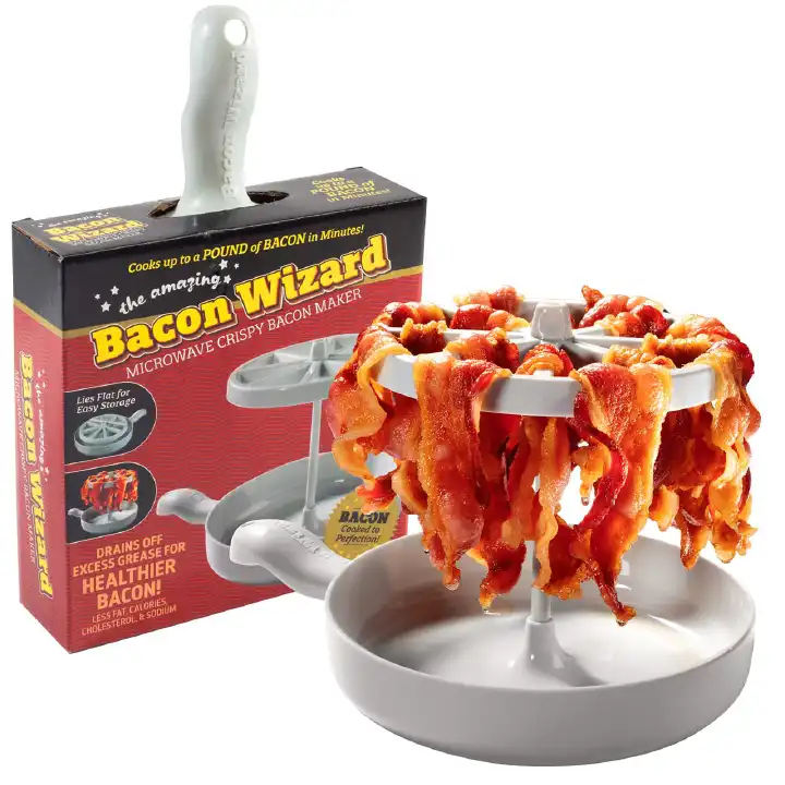 MICROWAVE BACON MAKER (BACON WIZARD) MICROWAVE OVEN EASY HOLIDAY XMAS MEAL PREP AND REDUCE FAT CRISPIER HEALTH QUICK EVERY TIME GREASE CATCHER MAKES CLEAN UP SIMPLE CLEAN GLIDE