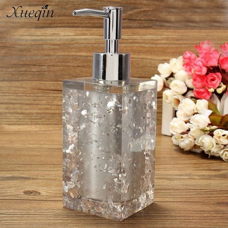 280ML SQUARE RESIN SPARKLING SOAP DISPENSER SOAP DISPENSER BATHROOM COUNTERTOP, REFILLABLE LOTION DISPENSER WITH STAINLESS STEEL HAND SOAP BOTTLE FOR HOTEL BATHROOM KITCHEN, SILVER & GOLD