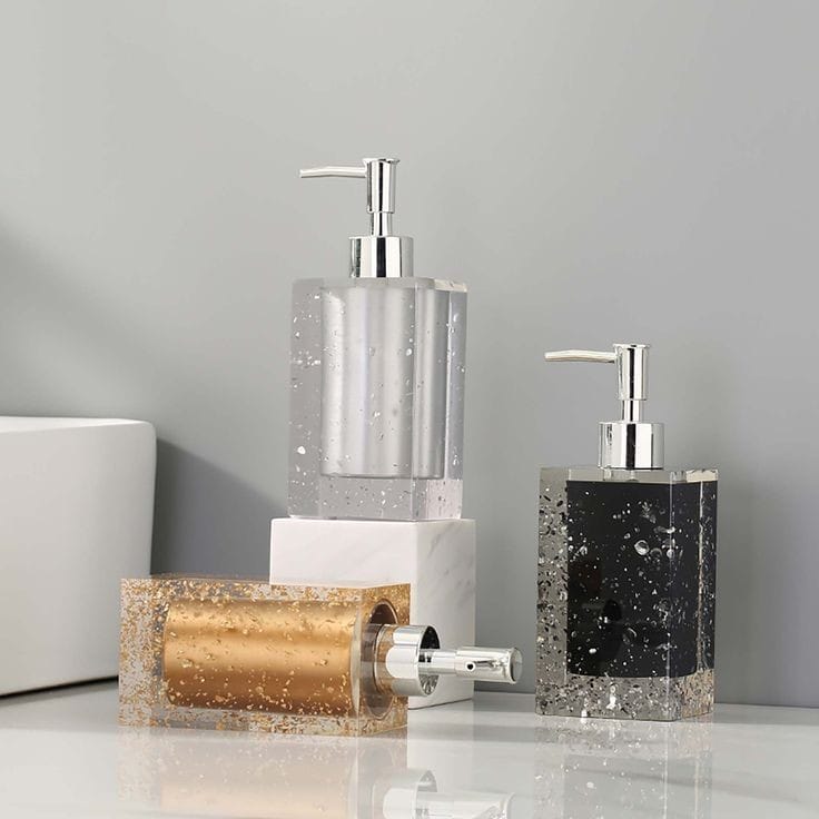 280ML SQUARE RESIN SPARKLING SOAP DISPENSER SOAP DISPENSER BATHROOM COUNTERTOP, REFILLABLE LOTION DISPENSER WITH STAINLESS STEEL HAND SOAP BOTTLE FOR HOTEL BATHROOM KITCHEN, SILVER & GOLD