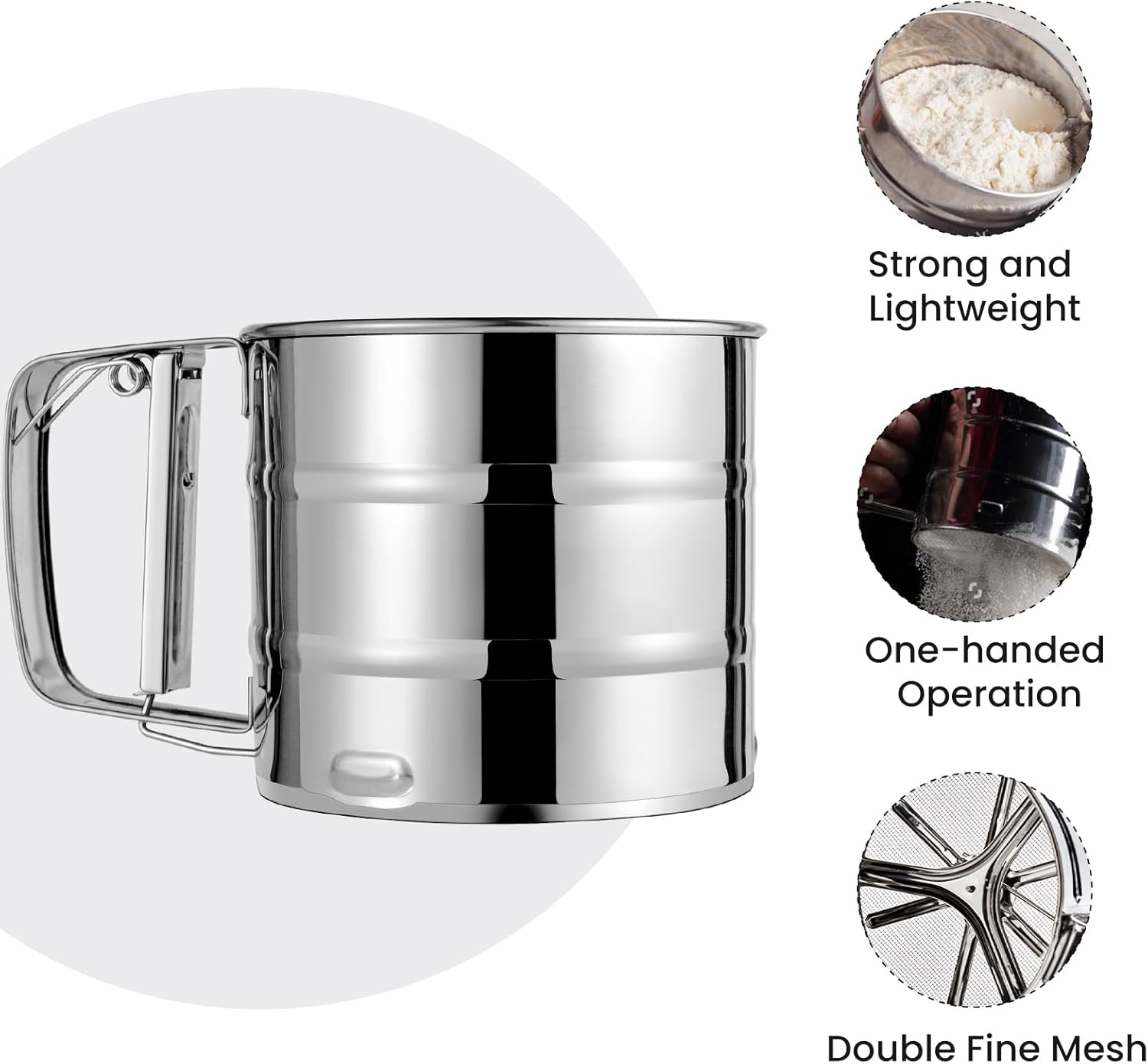 HANDHELD STAINLESS STEEL FLOUR SIEVE FLOUR SIFTER, STAINLESS STEEL SIFTER FOR BAKING, DOUBLE LAYER FINE MESH BAKING SIFTER, ONE HAND PRESS CRANK SIFTER FOR POWDERED SUGAR SHAKER DUSTER, FLOUR SIEVE SI