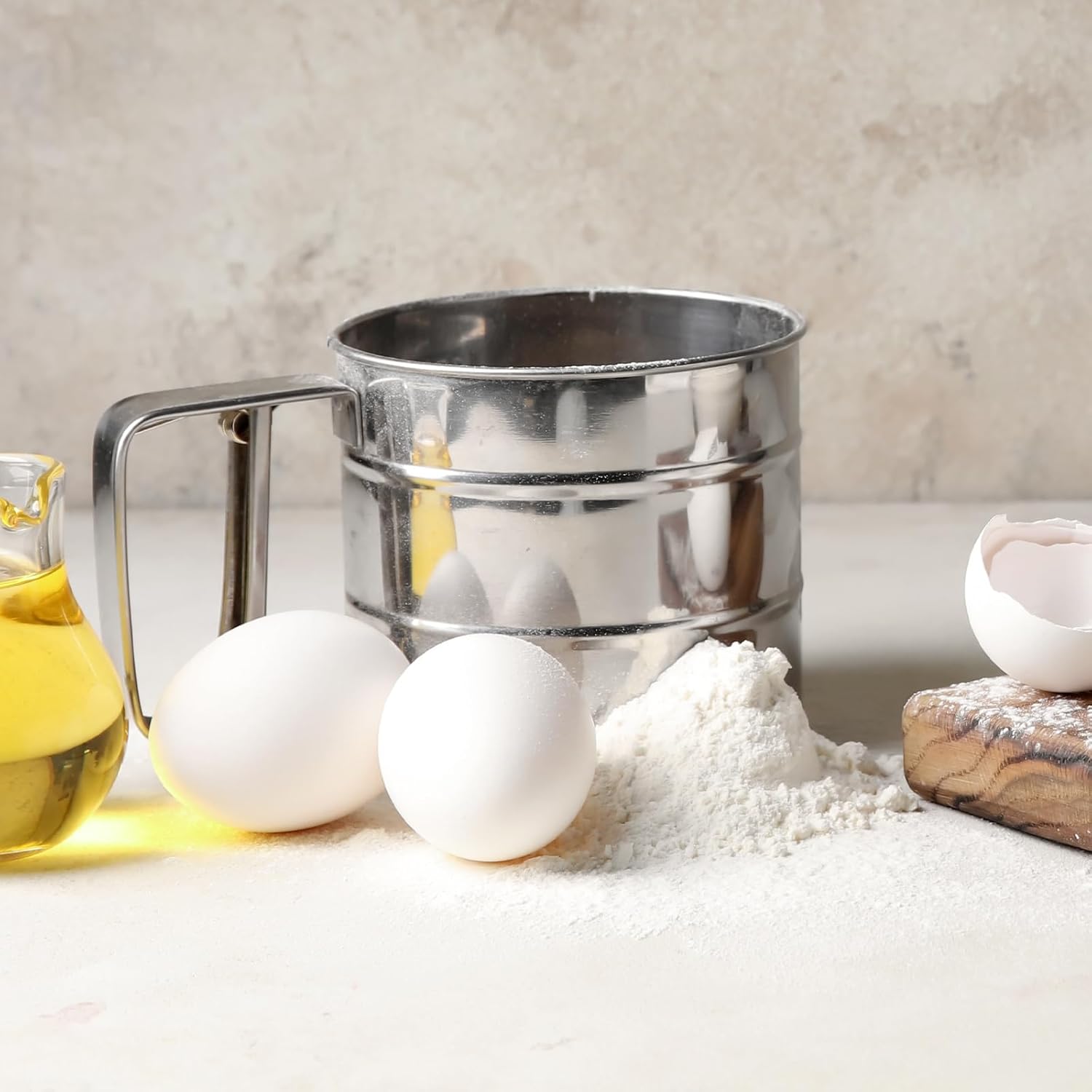 HANDHELD STAINLESS STEEL FLOUR SIEVE FLOUR SIFTER, STAINLESS STEEL SIFTER FOR BAKING, DOUBLE LAYER FINE MESH BAKING SIFTER, ONE HAND PRESS CRANK SIFTER FOR POWDERED SUGAR SHAKER DUSTER, FLOUR SIEVE SI