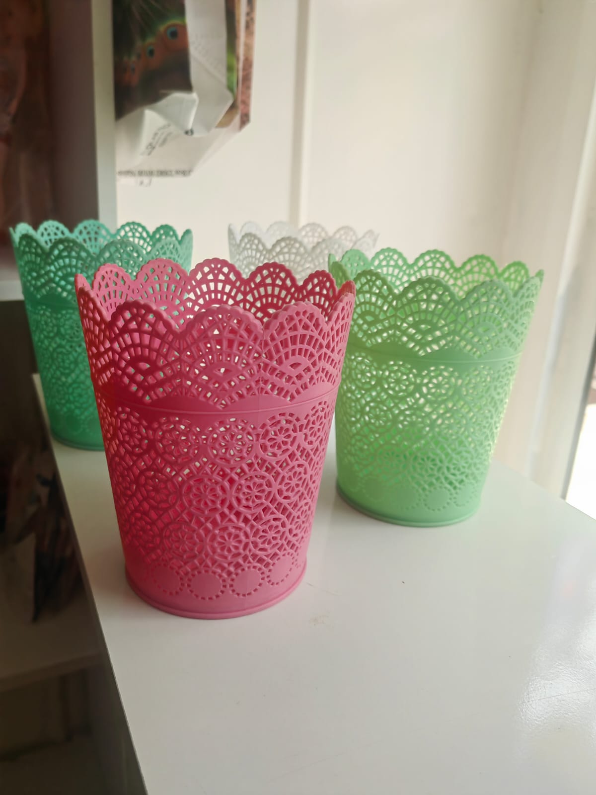 MAKEUP BRUSH HOLDER ORGANIZER - STORAGE CUP CONTAINERS FOR VANITY, DESK, COUNTERTOP, PEN HOLDER FOR DESK, ROUND CONTAINER WHITE PINK LIGHT GREEN AND DARK GREEN