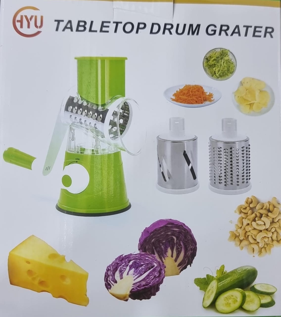 TABLE TOP ROTARY DRUM GRATER WITH 3 SLICING OPTIONS STRONG SUCTION BASE, MULTI-PURPOSE VEGETABLE SLICER ICE SHAVER NUTS GRINDER FOR ICE, VEGETABLES, FRUIT, NUTS