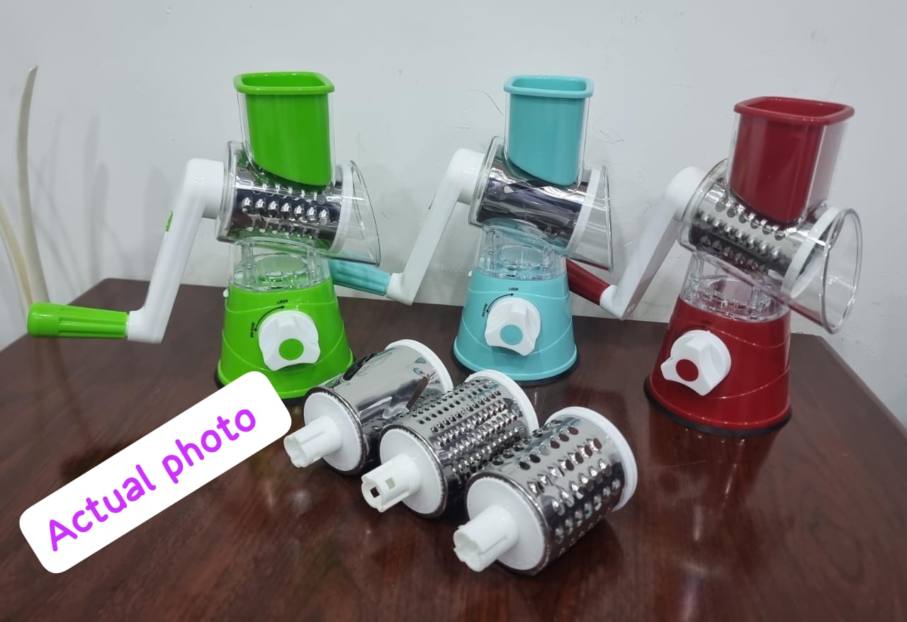 TABLE TOP ROTARY DRUM GRATER WITH 3 SLICING OPTIONS STRONG SUCTION BASE, MULTI-PURPOSE VEGETABLE SLICER ICE SHAVER NUTS GRINDER FOR ICE, VEGETABLES, FRUIT, NUTS