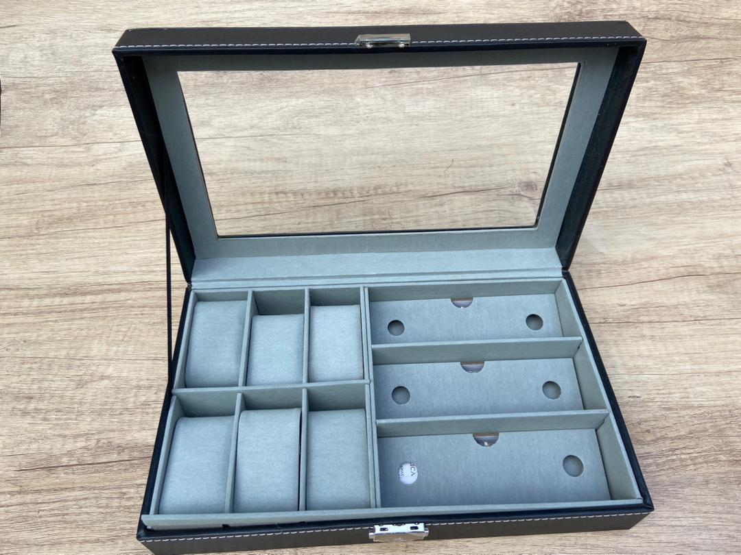 GLASSES ORGANIZER KEEPS  PORTABLE WATCH + GLASSES + WATCHES DUST FREE IT HOLDS 6 WATCHES + 3  GLASSES WATCH AND  EYEGLASSES &SUNGLASSES BOX WITH JEWELLERY DISPLAY CASE ORGANIZER, MEN WOMEN STORAGE HOL