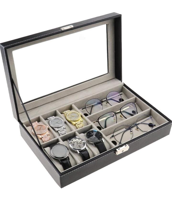 GLASSES ORGANIZER KEEPS  PORTABLE WATCH + GLASSES + WATCHES DUST FREE IT HOLDS 6 WATCHES + 3  GLASSES WATCH AND  EYEGLASSES &SUNGLASSES BOX WITH JEWELLERY DISPLAY CASE ORGANIZER, MEN WOMEN STORAGE HOL